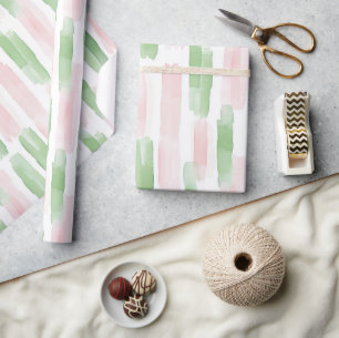Papier Cadeau Fard Rose Vert Blanc Rayures Anniversaire