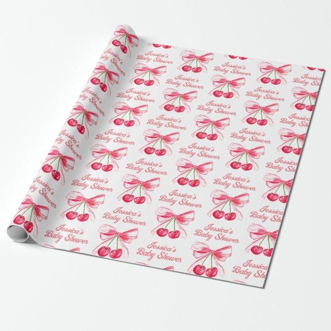 Papier Cadeau Fardeau Rose Rouge Coquette Nœud Cerise Féminin Ba (Déroulé)