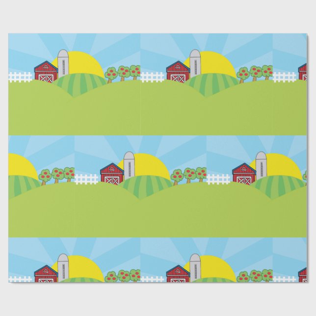 Papier Cadeau Farm Landscape Red Barn Silo Apple Trees (Plat)
