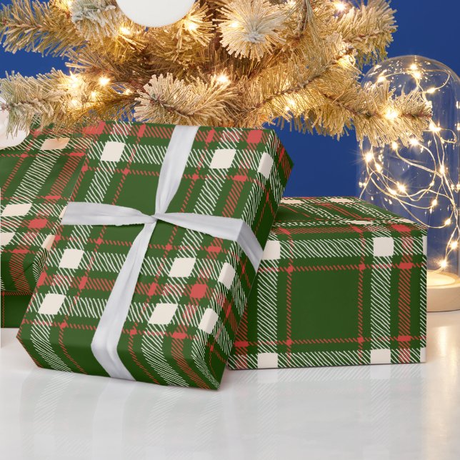 Papier Cadeau Farmhouse vert rouge blanc plaid mignon Noël (Vacances)