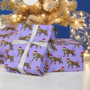 Papier Cadeau Faune Safari animal Leopard Santa Hat Noël