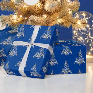 Papier Cadeau Faux Arbre de Noël gris argent Motif bleu