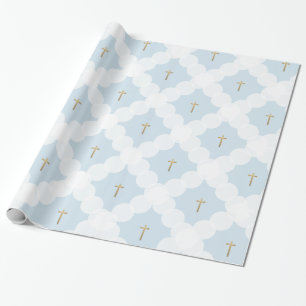 Papier Cadeau Faux Croix d'or cercle blanc motif baptême