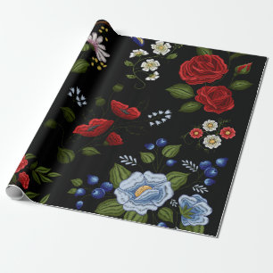 Papier Cadeau Faux Fleurs Brodées Rouge & Bleu