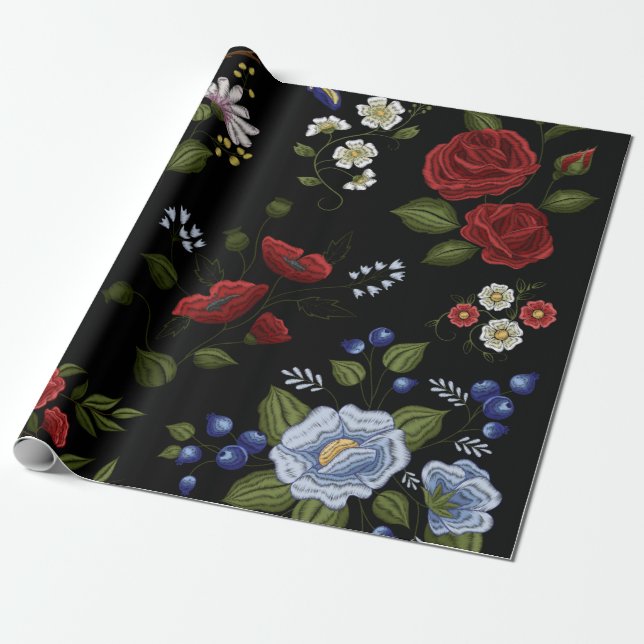 Papier Cadeau Faux Fleurs Brodées Rouge & Bleu (Déroulé)