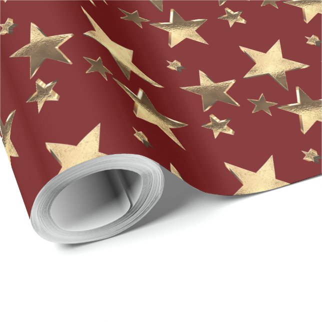 Papier Cadeau Faux Gold Christmas Stars Motif Burgundy Red (Coin rond)