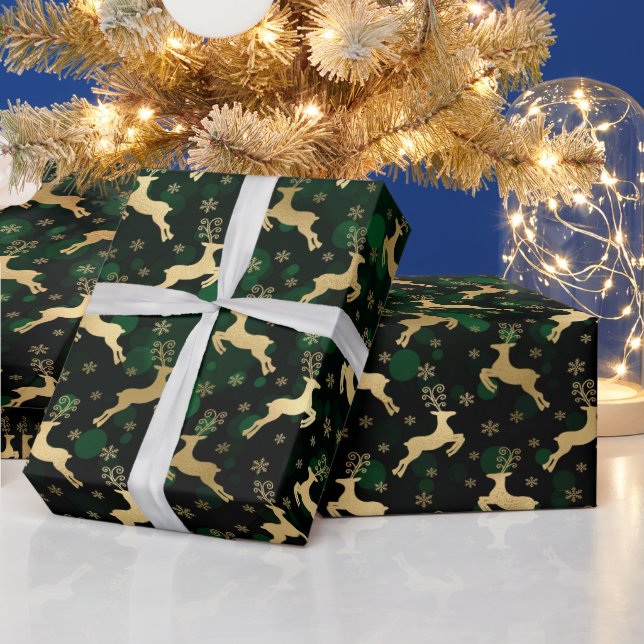 Papier Cadeau Faux Gold Foil Christmas Reindeer & green bokeh (Vacances)