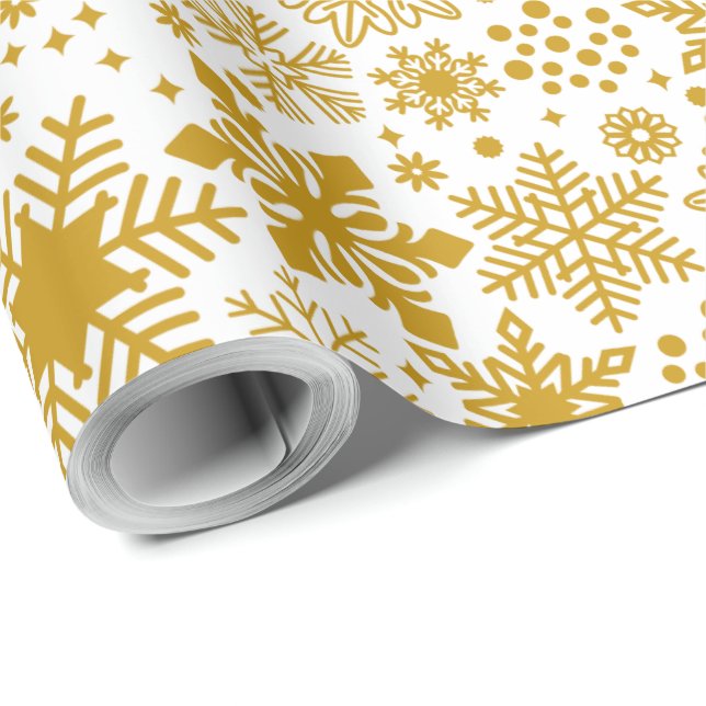 Papier Cadeau Faux Gold Foil et White Snowflakes (Coin rond)