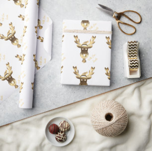Papier Cadeau Faux Gold Reindeer Motif Moderne Blanc Noël