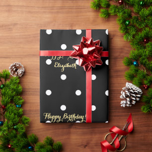 Papier Cadeau Faux Gold Script personnalisé Pointe Polka noir et