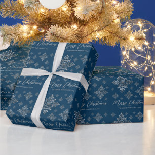 Papier Cadeau Faux Gris Foil Faux Flakes À Neige Sur Bleu (Pas V