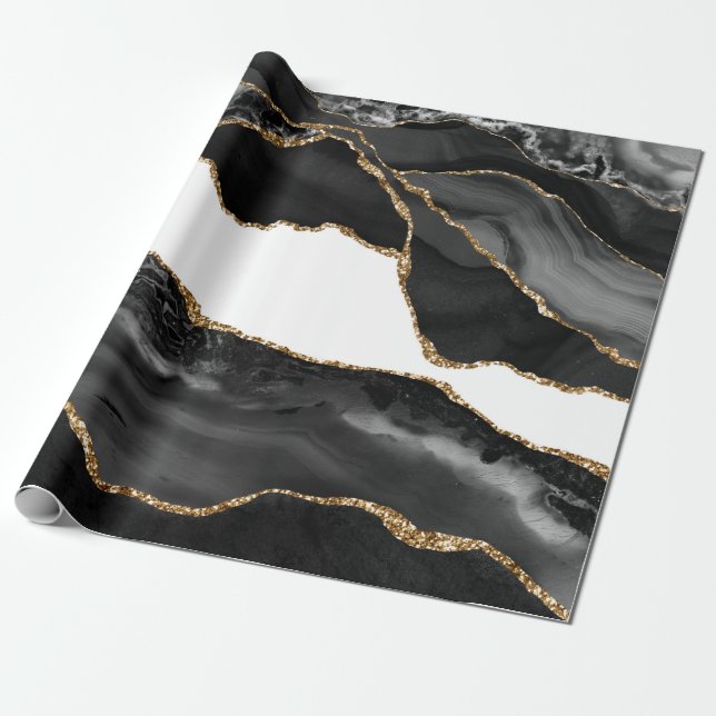 Papier Cadeau Faux Marblé Agate Black Stone Luxe Or (Déroulé)