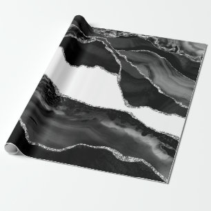 Papier Cadeau Faux Marbré Agate noir blanc pierre moderne à la