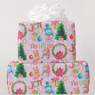 Papier Cadeau Favoris de Noël Pink Snowman Aquarelle