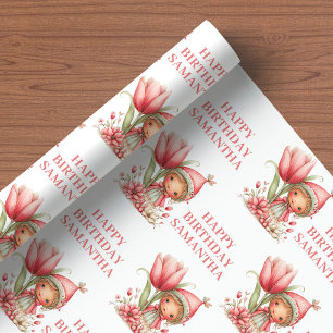 Papier Cadeau Fée Capricieuse 4ème Anniversaire Rose Pastel