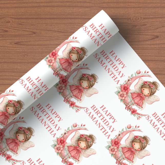 Papier Cadeau Fée Fille 1er Anniversaire Magique Rose Floral (Fairy Girl 1st Birthday Magical Pink Floral wrapping paper)