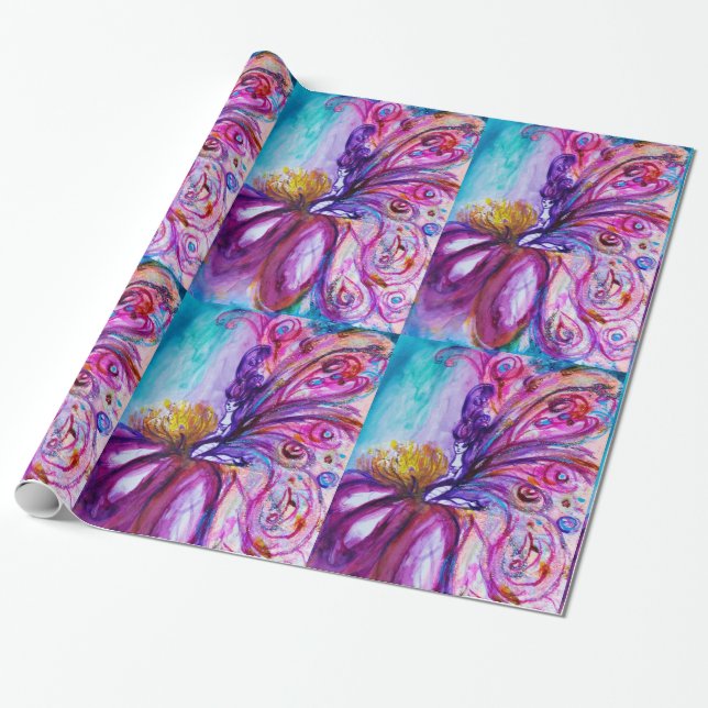 PAPIER CADEAU FÉE FLEUR WHIMSICALE MIGNONNE EN ROSE, ÉCLATS D'OR (Déroulé)