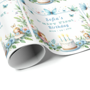 Papier Cadeau Fée Papillon Pastel Bleu Premier Anniversaire -