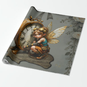 Papier Cadeau Fée Steampunk avec ailes d'or et horloge antique
