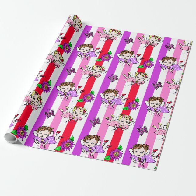 Papier Cadeau Fées, fleurs et papillons violets et roses (Déroulé)