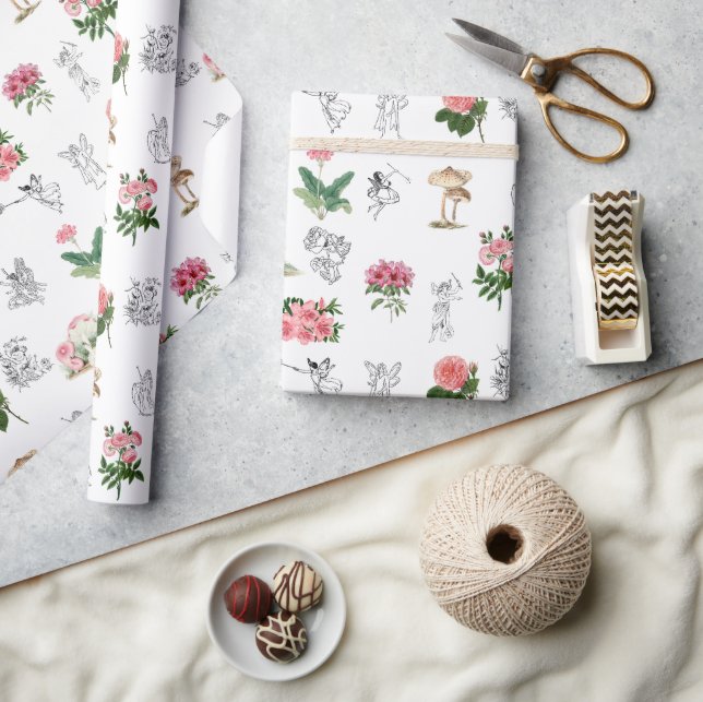 Papier Cadeau Fées Rose Floral & Champignons Motif de fées (Artisanat)
