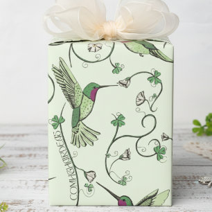 Papier Cadeau Félicitations Colibri Trèfle Vert