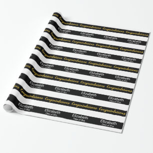 Papier Cadeau Félicitations Nom du diplômé Rayures noires et bla