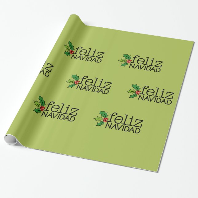 Papier Cadeau Feliz Navidad avec le houx de Noël (Déroulé)