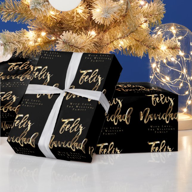 Papier Cadeau Feliz Navidad Elegant Script noir et or Chic H (Vacances)