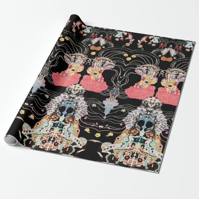 Papier Cadeau FEMME, CENTAUR FLORAL Rouge Noir Blanc Motif Klimt (Déroulé)