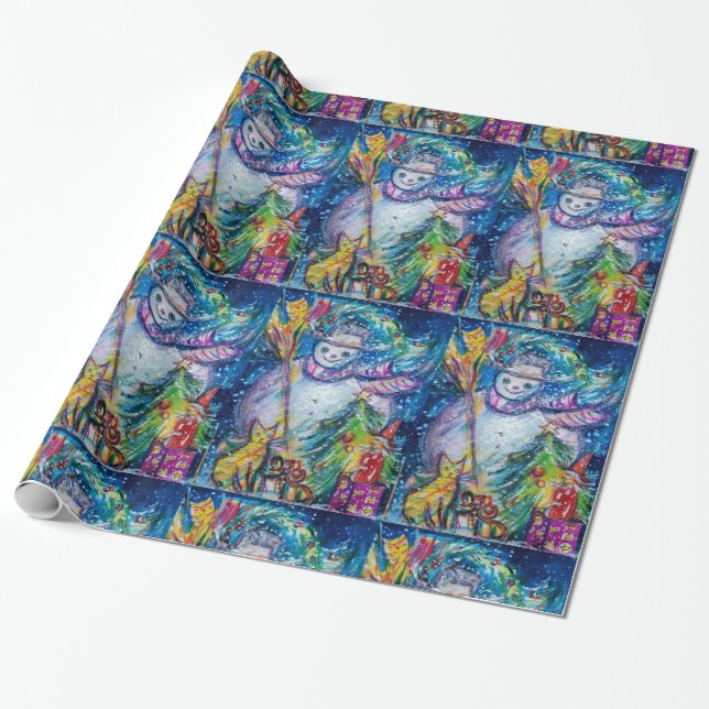 PAPIER CADEAU FEMME DE NEIGE AVEC ARBRE DE NOËL ET JOUETS (Déroulé)