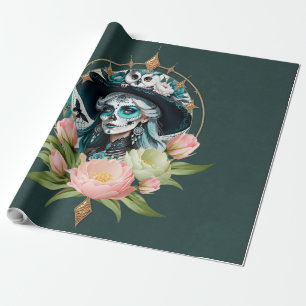 Papier Cadeau Femme étonnante avec un maquillage crâne à sucre é