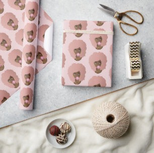 Papier Cadeau Femme noire, Afro rose, Bubblegum rose, Rose