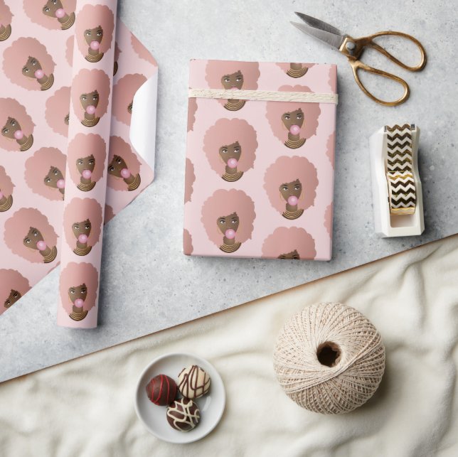 Papier Cadeau Femme noire, Afro rose, Bubblegum rose, Rose (Artisanat)
