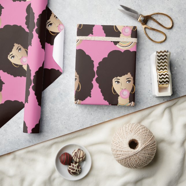 Papier Cadeau Femme noire, Cheveux naturels, Bubblegum rose, Ros (Artisanat)