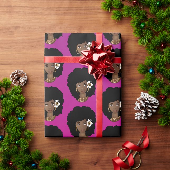 Papier Cadeau Femme noire, Fleur dans les cheveux naturels, Mage (Cadeau de vacances)