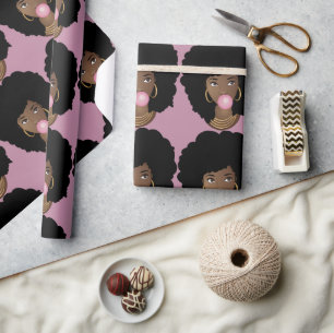 Papier Cadeau Femme noire, gomme à bulle rose croustillante, vio