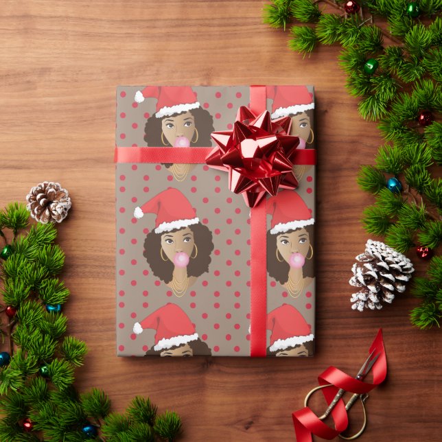 Papier Cadeau Femme noire, Santa Hat Bubblegum Red Polka Dot (Cadeau de vacances)
