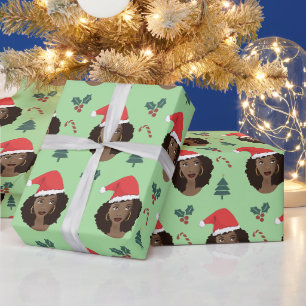 Papier Cadeau Femme noire, Santa Hat, Motif de Noël Vert
