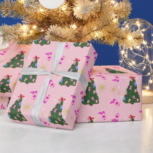 Papier Cadeau Femme rose moderne Botte occidentale Arbre de Noël (Vacances)
