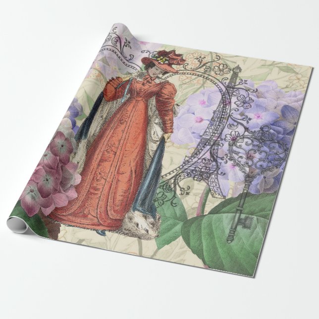 Papier Cadeau Femme victorienne à la mode rouge colorée (Déroulé)