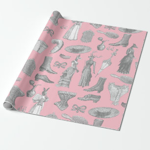 Papier Cadeau femme victorienne antique animaux rose toile femme