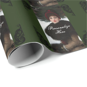 Papier Cadeau Femme victorienne scène hiver portrait vert noir