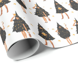 Papier Cadeau Femmes habillées en noir sapin de Noël, blanc
