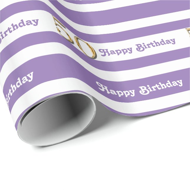 Papier Cadeau femmes pourpres d'or de cinquantième anniversaire (Coin rond)