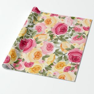Papier Cadeau Ferme aux Roses Roses et Jaunes Fleurs Shabby Chic