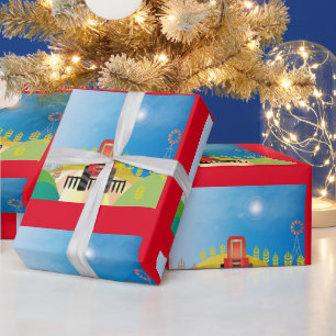 Papier Cadeau Ferme avec     tracteur rougePapier d'enveloppemen