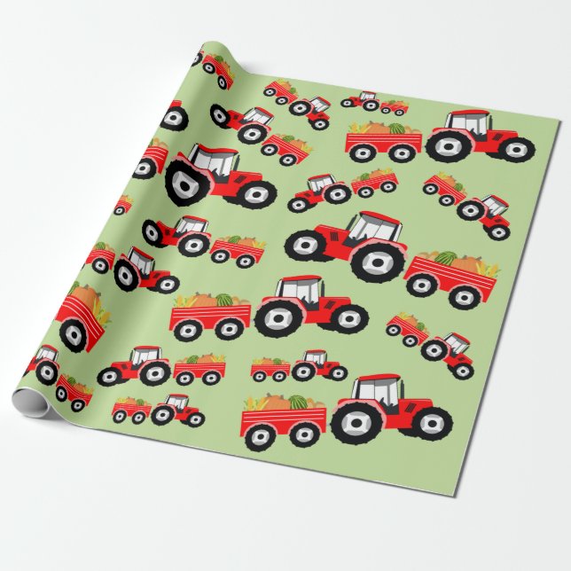 Papier Cadeau Ferme de camions à tracteur rouge Enveloppement de (Déroulé)