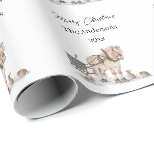 Papier Cadeau Ferme de Noël Cheval Animaux Hiver