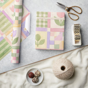 Papier Cadeau Ferme Fille Pastel Rose Vert Courtepoint Patchwork